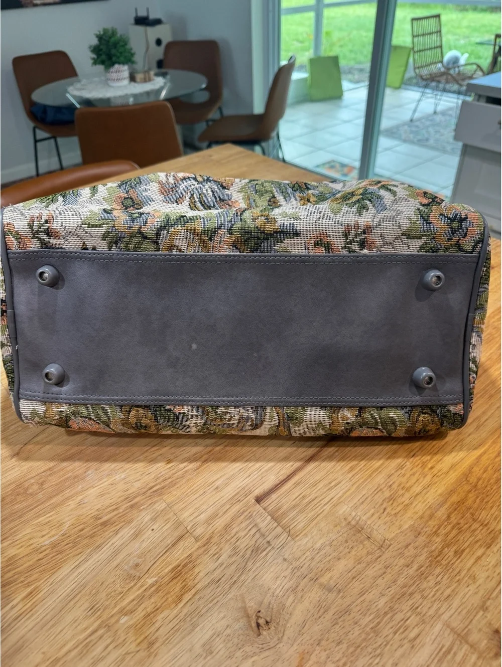 Jordache Floral Tapestry Weekender Bag with Gray Leather Handles